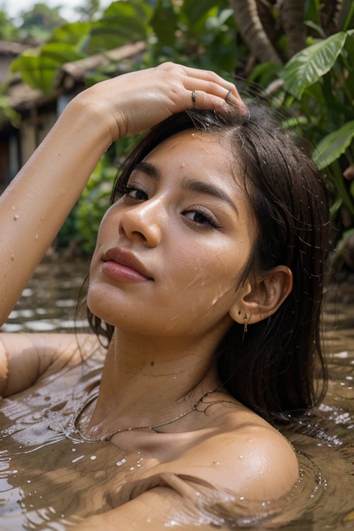 (Artwork, high quality, realistic, Ultra realistic, Remarkably high quality, photorealistic:1.5), pelada, nua, corpo pintado, epic sunrisa, perfect medium nude breasts, nude, naked, 32DD, (((((Pocahontas, native american. disney princess brown skin brazilian disney pocahontas naked, sexy girl, big breast. Sitting in a river. Sensual. sweat runs through her beautiful body. Orgasm face. Placer. realistic ravishing Native American indian 22-year-old female a seductive tribal body paint))))), Sensual, hot photo shoot, sharp focused on, detailed, realistic, high definition, studio lighting, seductive, Attractive, Seductive, Standing facing the viewer with hands to the side, beside outdoors, Forested area, Near grassy area with su8K, Masterpiece, Best quality, Photorealistic, Ultra detailed, 1 girl, Realistic skin texture, Large breasts, sexy provocative malicious happy smile, Looking at viewer, Loose mid-cut t-shirt, under breasts, under breasts, Film lighting, Focus on face, Beautiful eyes, detailed face, well-lit face, sun rays, outdoor cafe in the background, low angle photo, view from below# Immediate production is located on a rooftop in Corona Queens, New York. It's sunset and the sky is full of vibrant colors, creating a stunning backdrop to the scene. The woman strikes a confident pose, exuding elegance and grace. which adds a playful touch to your sophisticated look. The roof glows with the warm city lights and the atmosphere is enhanced by the presence of dazzling neon lights that dot the horizon. The image is of the highest quality, with sharp focus and ultra-detailed features, capturing every nuance of the woman's expression and her surroundings.