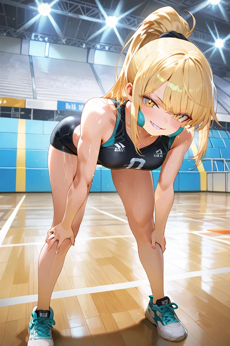Gymnastics Y-balance, One leg raised wide, outstretched leg, cameltoe, full body, Highest quality、Best image quality、masterpiece、One Girl、26 years old、Best Bust、Big Breasts、Beautiful Eyes、blonde, Green Eyes、untie ponytail、Long Hair、Natural smile、female gymnastics athlete, Sparkly long sleeve leotard、High Leg、from the front、dynamic angle, looking side, At the Olympic Gymnastics Hall、Arena with a large audience、Shallow depth of field、