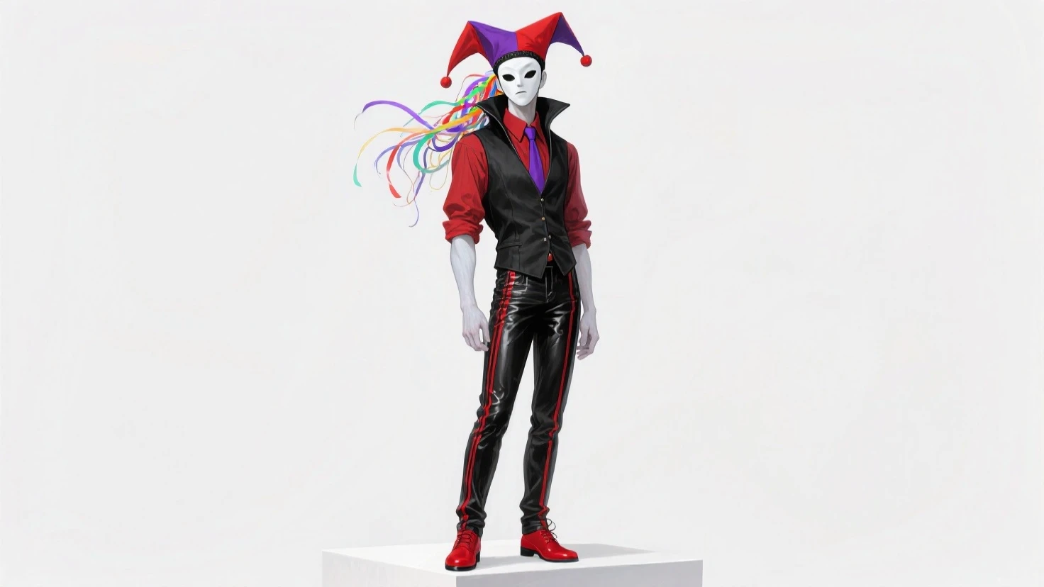 Official Art, masterpiece, Clear focus, Extremely detailed, (Side Light:1.2), clown，Suit，crazy，male，whole body，mystery，magician帽，Suit外套，Vest，leather shoes，wear gloves，magician，weird，