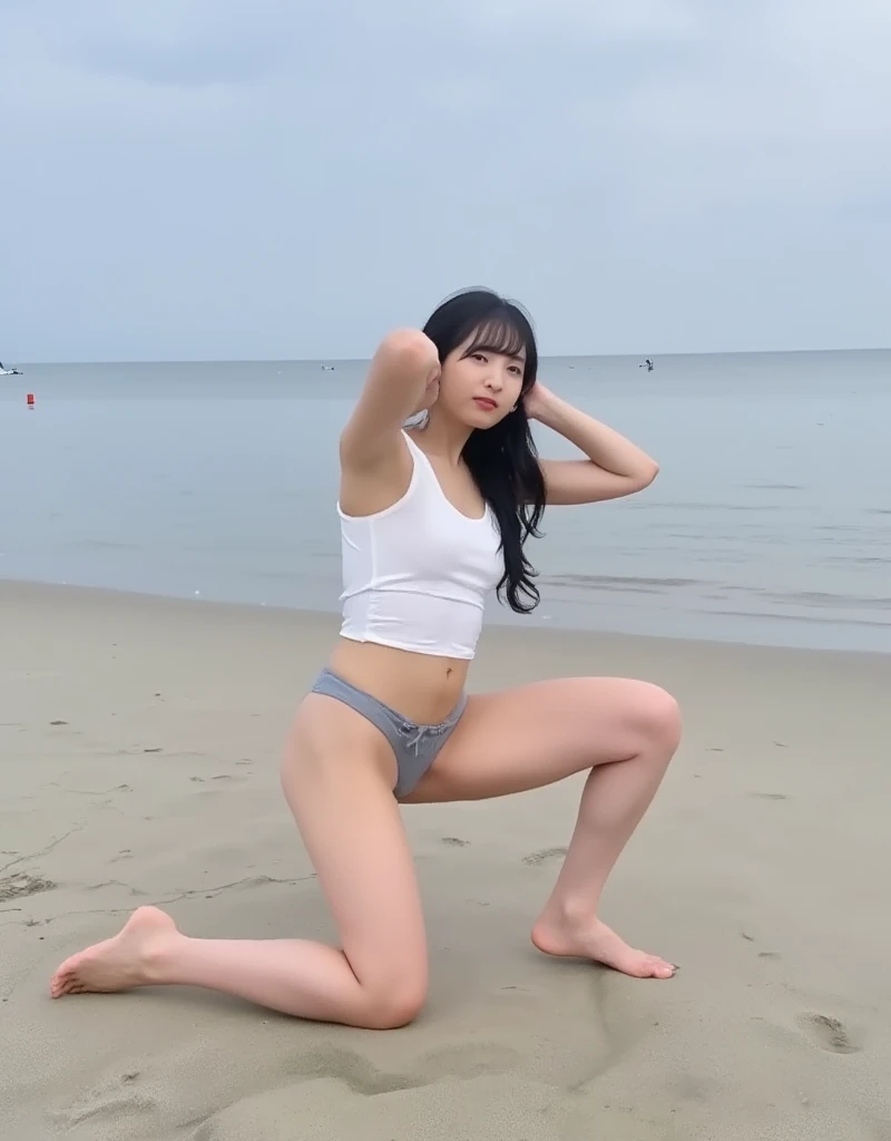 {{{masterpiece}}}, {{{best quality}}}, {{ultra-detailed}}, {illustration}, {{an extremely delicate and beautiful}}, wide shot, full body, from below, one girl, 20 years old, japanese girl, beauty, pretty face, cute face, (midium bretht), from below, (((Spreading legs))), serious face, wearing black Tanktop bikini, beach, arams behind head
