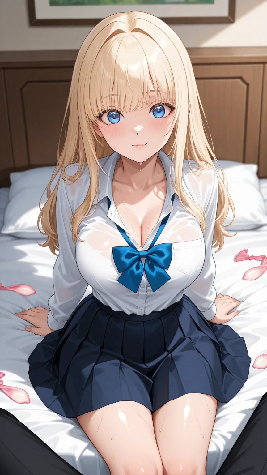 (masterpiece:1.2), (highest quality:1.2),, Curvy but slender body, perfect eyes, perfect face, perfect lighting, 1 girl, on the bed, long hair, curly hair, fine clothes, detailed outdoor background, compensate, eye shadow, thick eyelashes, fantasy, whole body,alice in wonderland、blue sky、Bright and beautiful face、young shiny glossy white shiny skin、the best beauty、the most beautiful bright blonde hair in the world、thin hair、super long straight hair、Shining beautiful bangs、Shining crystal clear big blue eyes、Very beautiful lovely 17 year old most beautiful girl in the world、big and full breasts、a sexually excited look、((she shows panties、lift the skirt、I'm seducing you))