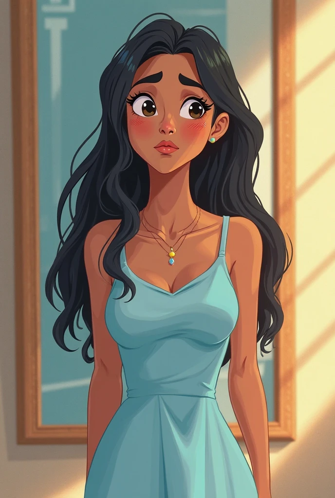 The girl has an oval-shaped face, with delicate and harmonious features. Her skin is tanned with her green eyes., Large and almond-shaped, full of life and expressiveness. Her long, curly hair frames her face, falling naturally over her shoulders. His eyebrows are thick and well defined., complementing the intensity of her gaze. The slightly pronounced cheekbones give her an elegant facial structure, and his nose is straight and proportionate. Her lips are full and a natural rosy tone, showing a serene and warm smile. She is dressed for a ballet class, wearing a tight leotard that accentuates her curvaceous and toned figure. She wears her hair pulled back in a neat bun, typical of dancers, which reveals her elegant neck. She is ready to dance, with a posture that reflects grace and discipline, ready to move with fluidity and precision.