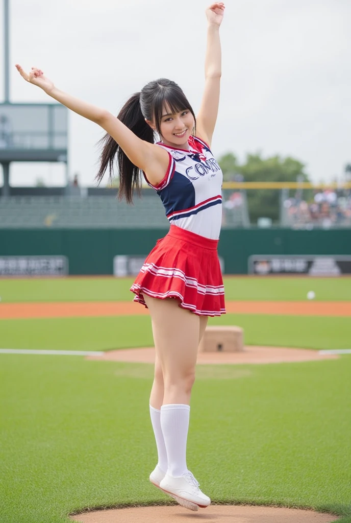 Best Quality, master piece, ultra high resolution, (Photorealsitic:1.4), Raw photo, Extremely-Details, Perfect-Anatomy, 1girl, the most popular Japanese idol, wearing colorful-cheerleader-costume with cute design, (((upturned ass wearing cheerleader costume's brief with cute design and cheerleader costume's pleated skirt with cute design))), dancing on school festival outdoor stage, from below, cowboy-shot, dynamic-pose, extremely cute face like a most famous Japanese idol, extremely beautiful big black solid circle eyes, extremely beautiful black short-cut-haired, innocent smile, extremely beautiful realistic skins, extremely beautiful thighs, extremely beautiful legs, detailed cute face, detailed beautiful big black solid circle eyes, detailed beautiful short-cut-haired)), detailed beautiful realistic skins, detailed cheerleader costume's brief with cute design, detailed cheerleader costume's pleated skirt with cute design, detailed colorful-cheerleader-costume with cute design, detailed beautiful thighs, detailed school festival outdoor stage