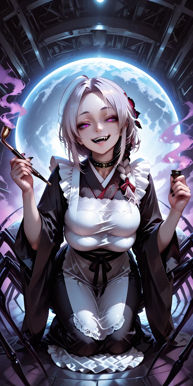 Long silver hair, smile skeleton mask
, black ninja, full moon, purple eyes, white horns