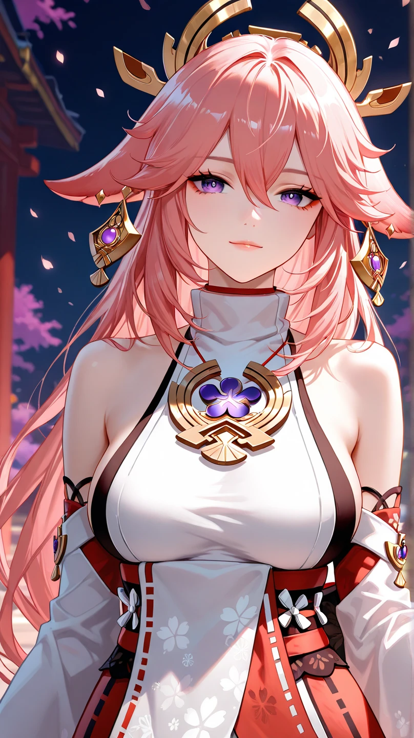 Pink hair, twin-tailed girl, dress with black ruffled collar, necklace with Saturn motif, light blue eyes, pop image, illustration touch