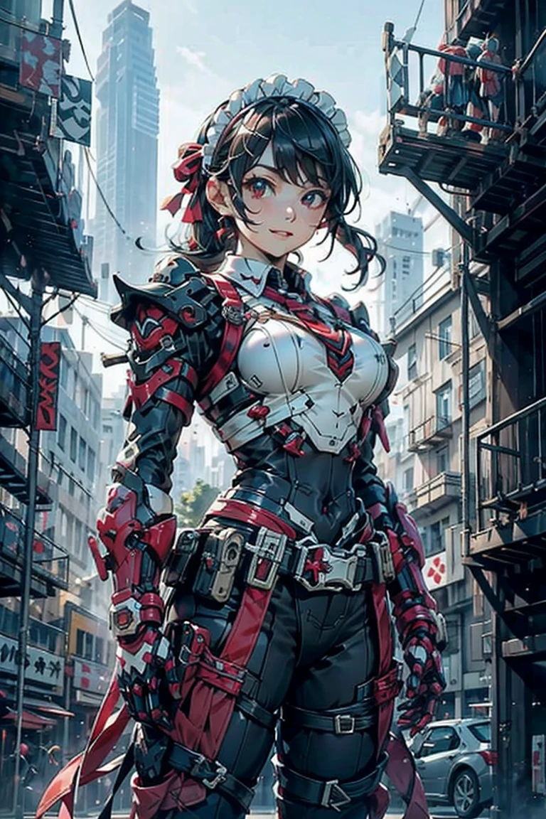 (Photoreal:1.4), (Super detailed), (highest quality), (best shadow), (masterpiece), ultra high resolution, 1 Ultimate beauty, highly detailed face, (perfect teeth), fine eyes, double eyelid, eyelash, lip details, short black hair, (light purple fancy blouse:1.2), (red tight mini skirt:1.3), light pink panties, Organic Armor Cyborg、machine armor、(big breasts), smile, thighs, Depth of written boundary, perfect lighting, With background: (Tokyo Ginza street)、armor texture