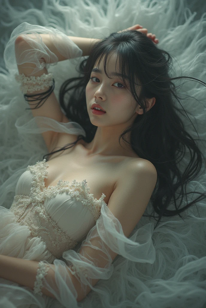 This image is、Ultra-realistic live-action、It depicts a fantastical scene in which a beautiful Japanese girl is surrounded by black feathers and white petals.。

**Background features**：
The background is a simple white wall.、As black feathers and white petals flutter down、The girl is lying。The background is simple、The contrast between the black feathers and the white petals is striking.。

**Features of the costume**：
The beautiful girl is wearing a thin white dress。The dress is made of lightweight material.、The design spreads out softly as you move.。Fine details are given、Gives a delicate impression。

**Posing**：
the girl is lying down、Eyes closed, relaxed expression。Hair spreads、As black feathers and white petals flutter down、It gives a sense of quiet beauty。Posingは自然で、It creates an atmosphere that makes you feel like you&#39;re in a dream.。

**Photographic Techniques**：
In a vertical screen composition、The girl is placed in the center。The use of light and shadow is skillful、In particular, the texture of the girl&#39;s skin and the transparency of her dress are depicted realistically.。White wall in the background and black feathers、The contrast of the white petals creates a visual impact.。A soft light shines throughout the photo、Emphasizing the fantastical atmosphere。