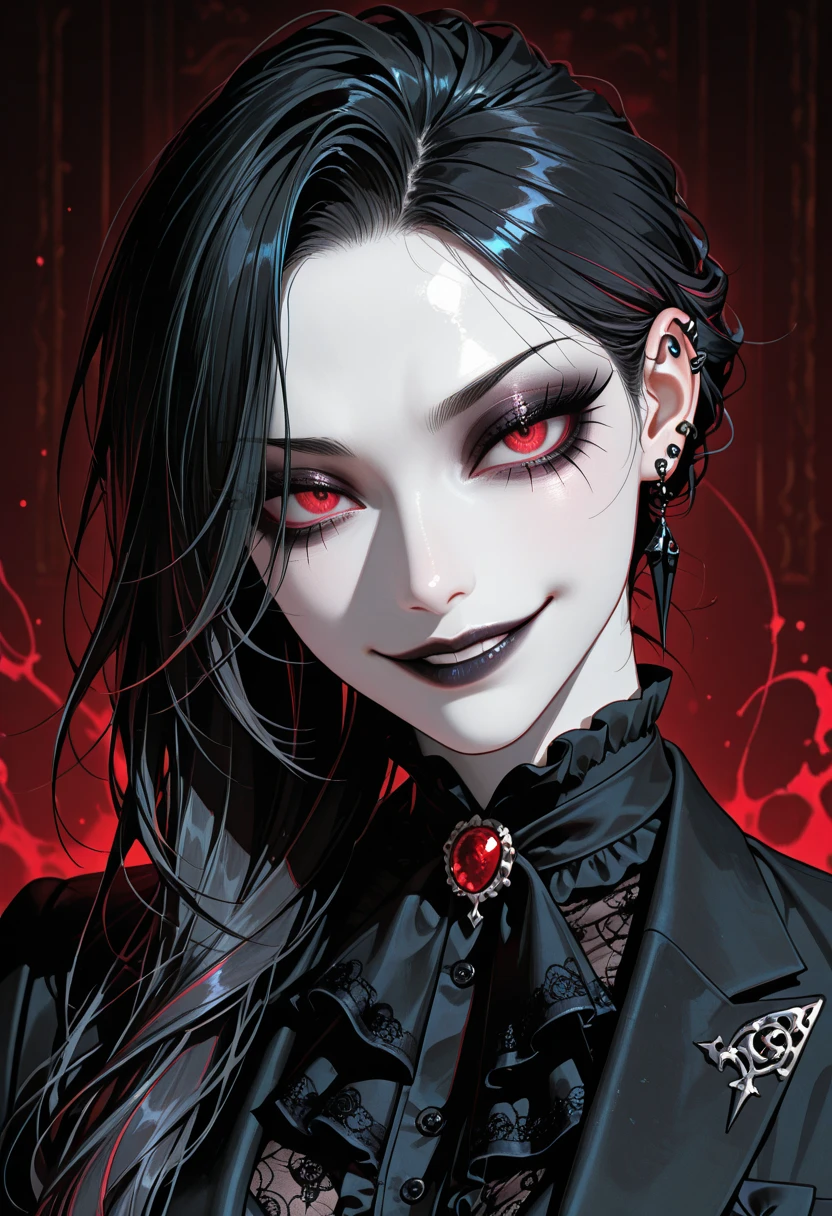 (Extremely detailed CG unity 8k wallpaper),(masterpiece), (best quality), (Extremely detailed), (Best Illustration Award),(The best shadow), 一个美丽的吸Blood鬼 ,(Sharp eyeliner, Eyeshadow, Exquisite eyes:1.1),(Black trench coat), Long hair, Red Eyes, Fangs, Blood,, In a dark environment.