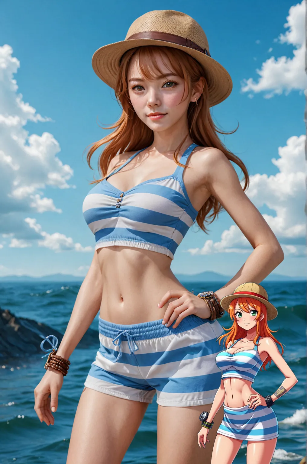 Cartoon picture of a woman in a bikini top and jeans, Nami in One Piece, Nami One Piece, beautiful portrait of Nami from One Piece, anime girl named Lucy, female anime character, One Piece, One Piece style, inspired by Eiichiro Oda, Erza Crimson as a real person, she has long orange-brown hair, ([detail line]: 1.3), (complex details), HDR, (complex details, hyper details: 1.2), cinematic shot, centered