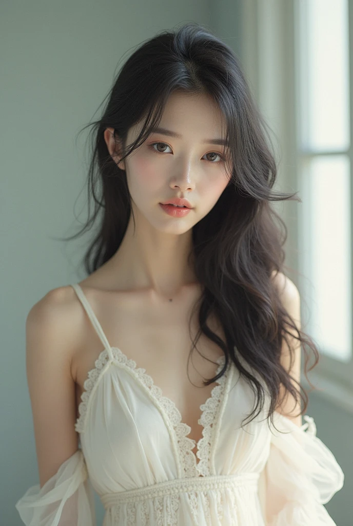 Quiet,Light makeup,Sexy,Peerless Beauty,Intellectual,clavicle,Neat long hair,Black Hair,Delicate face,Exquisite facial features,Natural expression,Natural eyes,sexy blue sports shorts