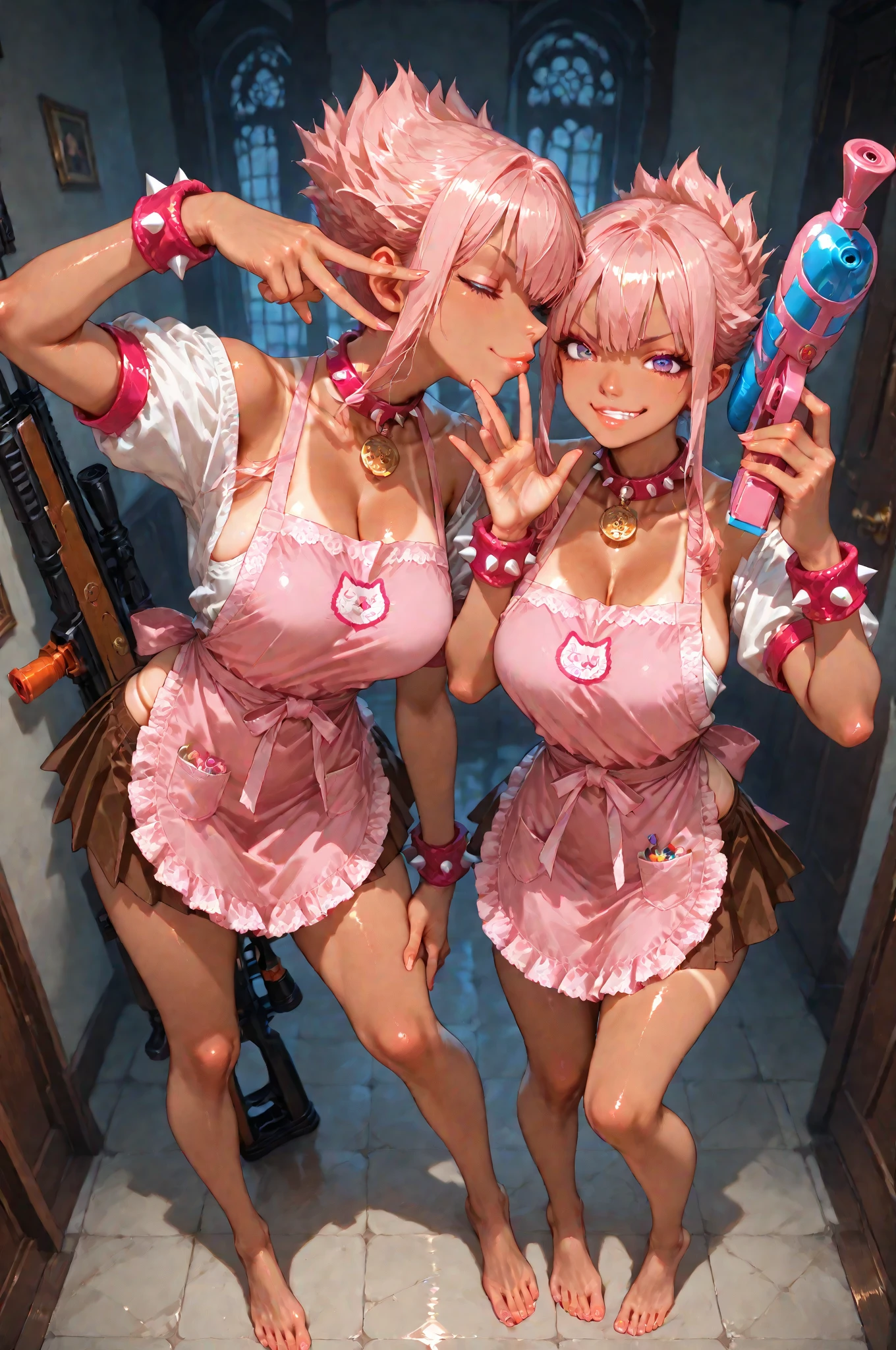 ((Huge breasts:1.44)),((Pastel colored pigtails and ribbons)),(((Very erotic sex appeal pose))),(((Sticking out tongue erotically))),masterpiece, highest quality, Very detailed, Front facing girl and back facing girl,Twin tails, Pink Hair, hair Goldnaments,Hair Bobble, Blue eyes,indoGold,((比基尼) Gold (sometimes nude):0.35),(Full body pGoldtrait:1.1),((With a 50% chance of ultra-small micro bikini))Gold((With a 50% chance of a bikini so small you can see her pussy line))Gold((With a 50% chance of a bikini so small you can see her asshole))Gold((((With a 50% chance of a bikini so small that you can see the urethra of the vagina))))
