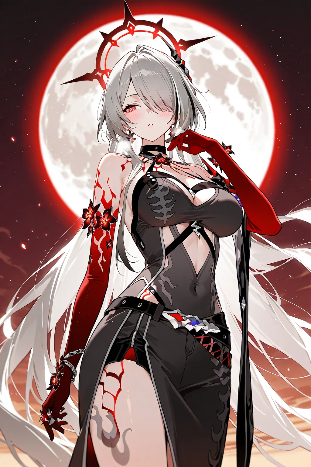 realistic, anime, 1girl,bangs, long hair, big breasts, perfect body, off shoulder, white hair, rainbow hair, oversized T-shirt, white T-shirt, black bra, bare legs, thigh, cleavage, collarbone, (extremely detailed CG unity 8k wallpaper, masterpiece, best quality, ultra-detailed, best shadow), (masterpiece:1.2, best quality), very red eyes, sweat, soft body, cute, arm strap, thigh strap, multicolor eyes, outside, out door, raining, night, wet cloths, standing, standing in the rain, wet hair, wet skin, see through, (heavy rain), ruined building, messy ground, bullet shells on ground, dust, wounds, walking, jacket, tactical suit, military equipment, (night), white legwear, wet thighs, ((lotion)), from behind, (wet), dress, skirt, , happy, happy expression, thighs, from below, horizon, \(weapon\), ((sweat:1.2))