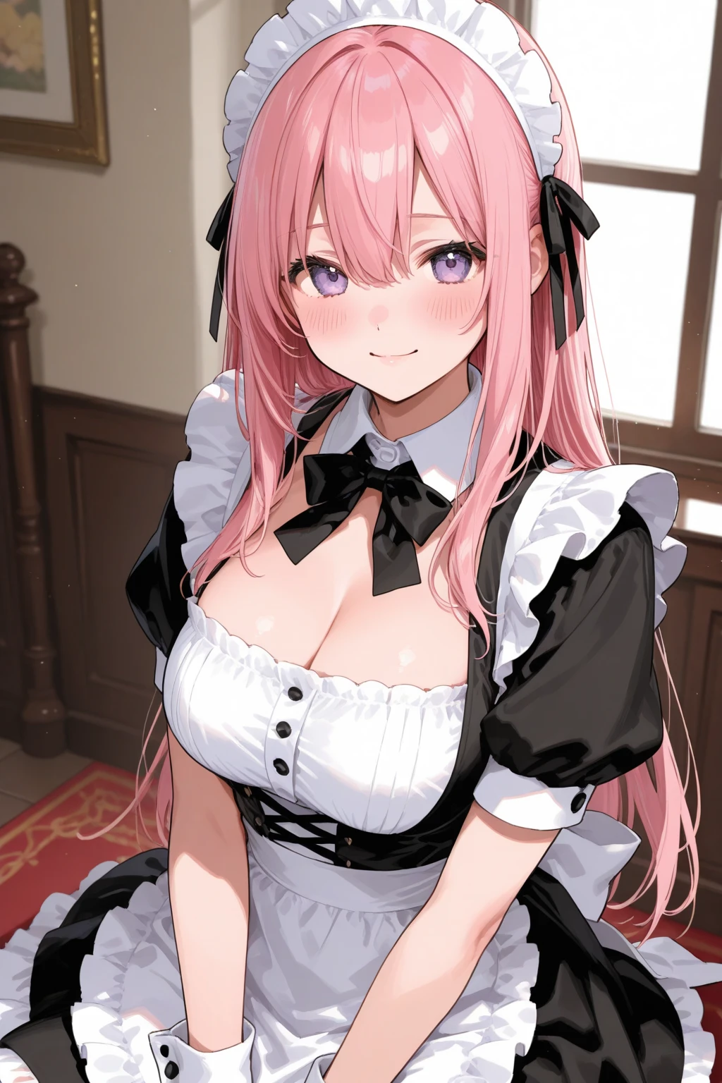 (cowboy shot), (best quality, ultra-high resolution, depth of field:1.2), beautiful face, 22-year-old woman, adult, (short height), 1female, (pink hair), twin-tails (blue eyes), bright pupils, one mole below the eye, (plump body), medium breasts, (wearing crimson maid uniform:1.3), frills, maid headdress, maid apron, (maid cafe scenery), squinting, (grinning), seductive smile, (((slightly bending forwards))), tilting head, hand on mouth