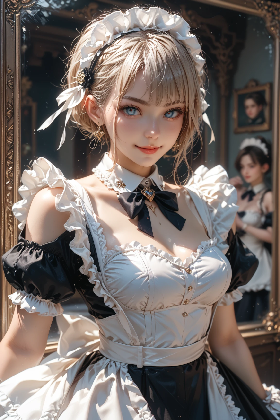 (8K, Photorealistic, Raw photo, of the highest quality: 1.3), (1girl in), Super beautiful, (Realistic face), (boyish, Silver Color Berry Shorthair), Beautiful , Glare that captivates the viewer, Beautiful expression, Beautiful breasts, (Realistic skin), Be...Super high quality, super high definition, super detailed, masterpiece, 20years old, female, cute, perfect face, beautiful, nice body, gothic lolita clothes, gothic lolita fashion, frilly skirt, headdress, necklace, bracelet, knee-high socks, boots, double eyelids, tear bags, Detailed down to the fingers, photo-like description, indoors, dim indoor lighting, blonde hair, pony tail, standing, whole body, composition that shows the whole body, smiling