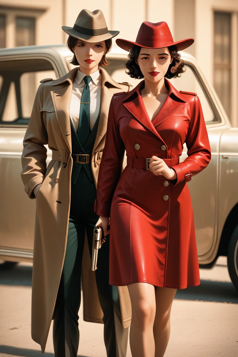 gorgeous woman wearing a tan coat and red lingerie, luxurious red hair, full body shot, fedora, rain, soaking wet