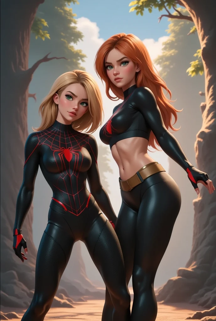 (2heads:1.2), two women with red hair and black tops are standing next to each other, gwen stacy, artgerm and lois van baarle, artgerm and genzoman, inspired by Mary Jane Begin, spider - verse art style, mary jane, artgerm comic, artgerm and j. dickenson, spider-gwen, spider - gwen