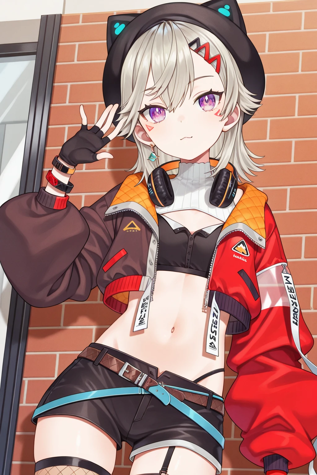 vspomet,flat chest,purple eyes,grey hair,light blonde hair,triangle facial mark,medium hair,hairclip,earring,,vspometcos,white turtleneck,black crop top,clothing cutout,midriff,stomach,navel,brown belt,blue belt,loose belt,panty strap,black shorts,short shorts,single garter strap,single thighhigh,fishnet thighhigh,elbow gloves,fingerless glove,bracelet,cropped jacket,two-tone jacket,red jacket,brown jacket,puffy sleeves,asymmetrical sleeves,black hat,headphone around neck,, 胸が少しはだけて、 ズボンが半分脱がされて、女性器を触られて恥ずかしがっている顔