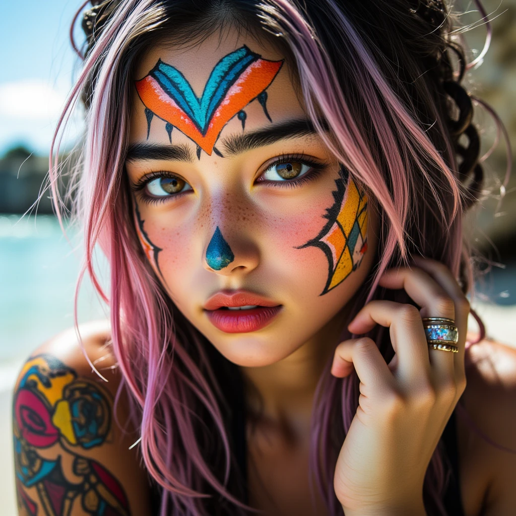 arafed naked woman with long black hair with deep blue high lights and artistic symmetrical paint covering breasts, standing at the beach, flowing black hair, with black hair, photo of a beautiful woman, long flowing black hair, pink golden hour, curly pink hair, beautiful young asian woman, beautiful asian woman, wild ginger hair, pink wispy hair, light pink hair, a young asian woman, an asian woman, infp young woman, Full body photo of a 22-year-old french girl in RAW UHD format (Black-eyed woman) Walk down the beach, Details (textures! , Hair! , glistering, Color!! , imperfections: 1.1), highly detailed glossy eyes (looking at the camera), DSLR Lighting, SLR camera, Ultra-Quality, sharpness, Depth of field, Film grain (beach), Fujifilm XT3, Crystal clear, Frame Center, beatiful face, sharp-focus, , sun light, ( lit), day time, (open sky), Complex eye details, nsfw, , (((smiling))), beautiful face, (((beautiful detailed symmetrical artistic body paint))), (((small breasts fully covered with symmetrical paint)))
