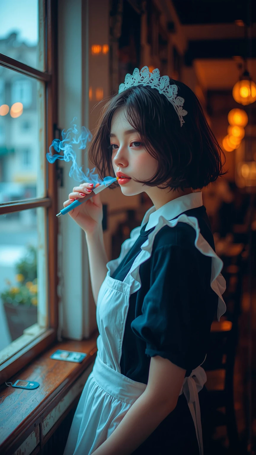 (((Filled with smoke))), Asian smoking girl sitting near a table in a dimly lit cafe, Bright blue shirt, Notice her face, Grey-blue hat