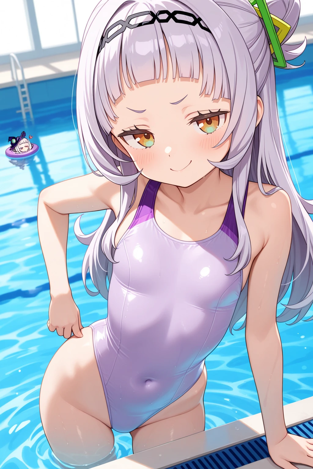 anime girl、Beautiful boys、Cool boys、Junior high school boys、solo、Boy in swimsuit、one piece swimsuit、earrings、boy with very long silver hair、clothing:High-cut swimwear、Swimsuit for swimming competitions、covered_nipples、Depth of bounds written、looking_at_viewer、Anime boy wearing a tank suit with purple and white edges、High-leg racing swimwear with purple and white trim、Two-tone high-leg racing swimsuit、smile、rating:questionable、covered_navel、In the indoor pool、His arms are placed behind his back.、blurred background、cowboy shot、Boy standing、collarbone、Swimsuit、Boy with Purple Eyes、mouth closed、parted bangs、boy with half up hair、dutch angle、buttocks visible from thighs、Bare shoulders、bare legs、bare arms、shiny、rating:safe、Eyebrow、navel、male focus、covered male reproductive system、