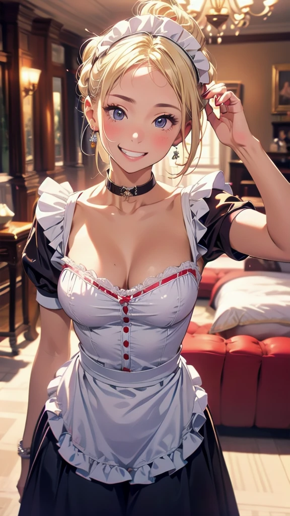 1girl, (Medicine Melancholy, blonde hair, short hair, wavy hair, silver-blue eyes, thick eyelashes, red ribbon, red bow, black shirt, red skirt, bubble skirt, frilled skirt), lily-of-the-valley field, huge breasts, ass, thick thighs, wide hips, looking at the viewer, seductive grin, long skirt, meadow