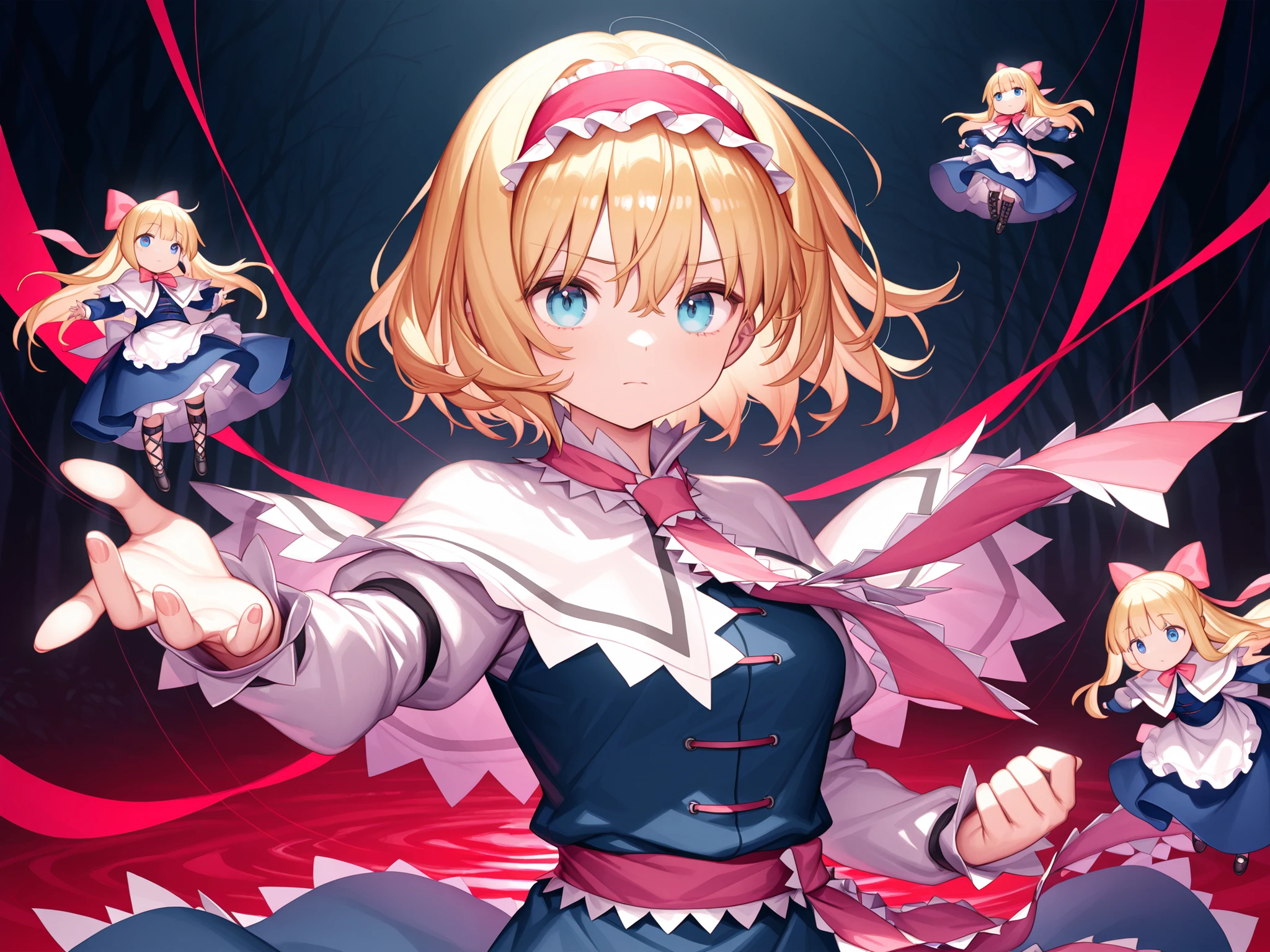 top quality、masterpiece、alice margatroid, grace、Serious Expression to Takane Takamine、medium hair, blonde hair, blue eyes, ,red hairband, lolita hairband, frilled hairband、MULTIPLE DOLLS、Blonde、short hair、Blue Eyes、 grimoires that release water、Shanghai dolls、Three-dimensional doll arrangement、Countless silver threads、 floating ribbons and ornaments、Inorganic、Brilliant combat、acrobatic pose、Dynamic、massive splashes of blood、detailed background、Creepy,night