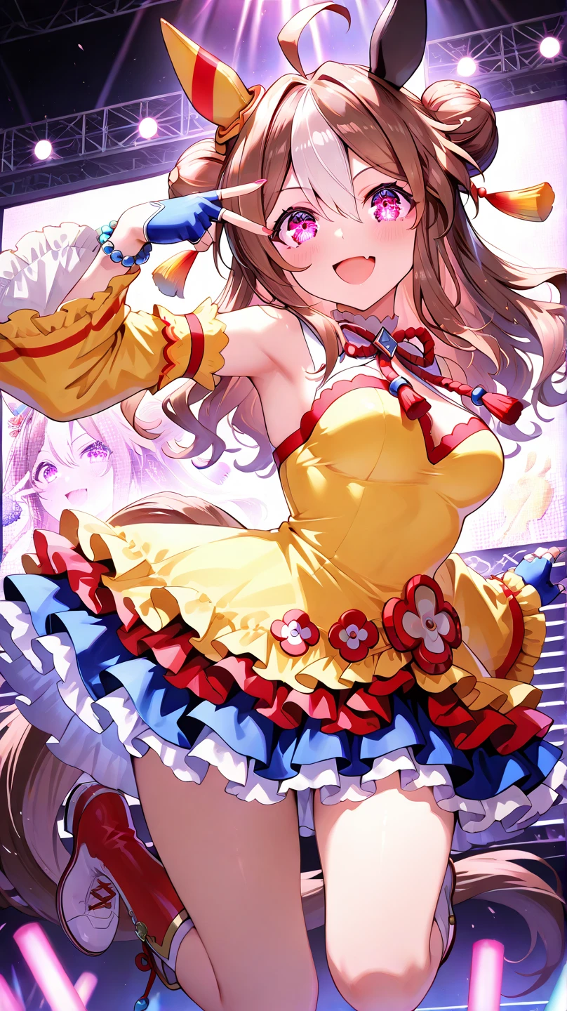 ((Brown hair)),((Braided shorthair)),((With black eyes)),微reddish潮,(Open-chested Japanese pattern swimsuit:1.5),(Bikini type swimsuit 1.4),(Skirts with ruffles:1.25),(fluffy cloak:1.3),(stylish five finger gloves:1.2),(Ruffled ornament:1.25),(Accessories and hair ornaments with flower motifs),(Usamimi:1.7),(active movement:1.25),(crown on the head:1.5),(The color of the swimsuit is pink、reddish、blanche:1.3),Kamimei,(close up of face:1.35),(Rabbit pose with hands:1.35),(A cute world filled with stuffed animals and toys:1.25),(A happy, fluttering face),(jump with one leg up:1.5),(Rabbit ears:1.7),(Princess of rabbit country:1.45),