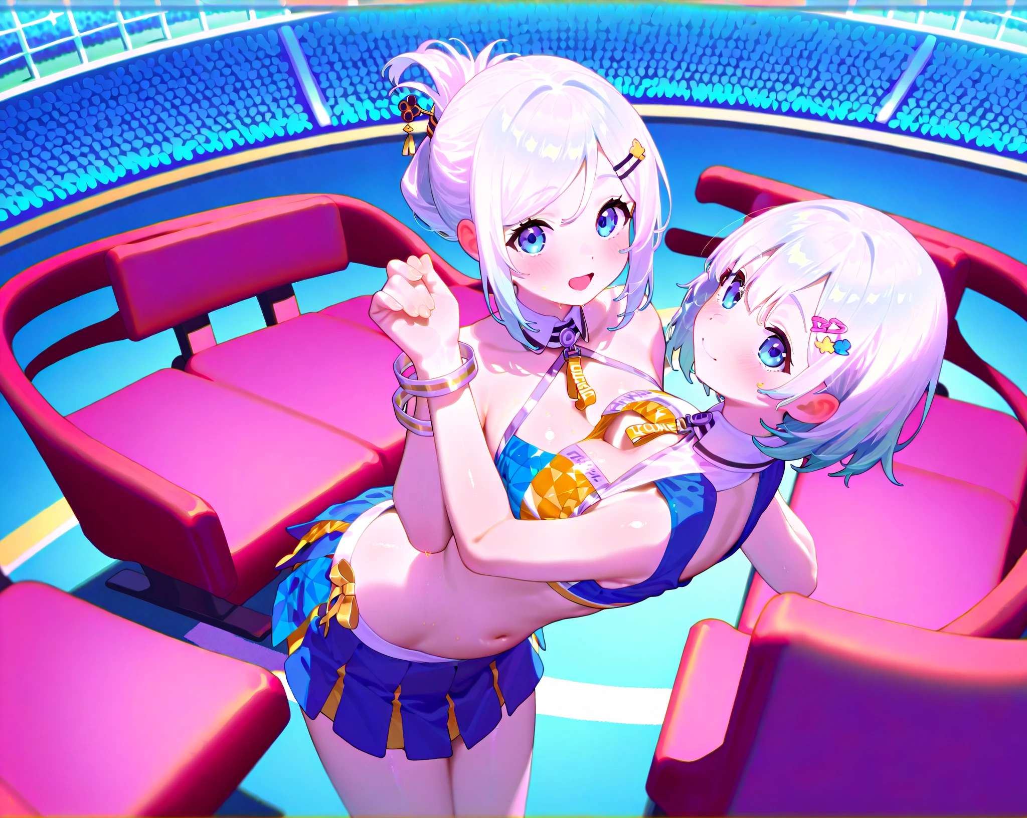  Look at each other from the front, Hugging each other&#39;s breasts, None, stare at each other, moist eyes, half-open lips, The upper bust is bulging towards the audience，Evening light，The park is crowded with people，Two handsome 15-year-old girls with arrogant faces，A white-haired man with short hair、Girl wearing white tight thong，stand，standing，stand on the ground，Peerless beauty，perfect face，Perfect body，pink skin under thong， exposed navel，The thighs are very thin，The calves are very thin，Anime girl&#39;s legs slightly spread,White sweat on inner thighs，White sweat on the abdomen，Place one hand on your chest，Put one hand around each other&#39;s waist，armpit, beautiful anime girl, Anime Barbie wearing white knee-high socks, pretty face，small breasts，Wear a white sports bra，cover upper breast, smooth pink skin，strangulation marks，sweat，wet，(facial)Smile，blush