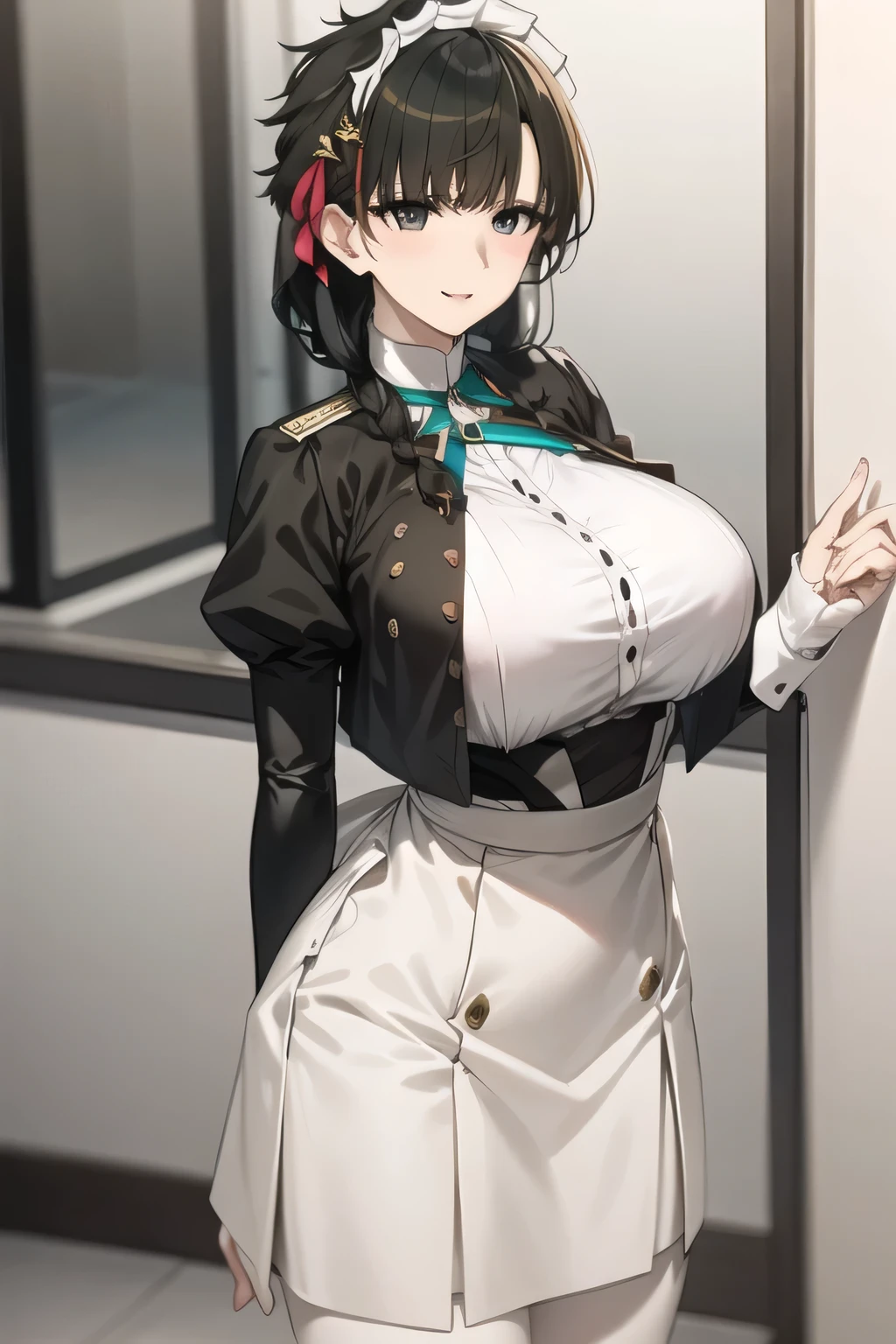 Maid Outfitを着た女性を描けますか，women with nice smiles，Maid Outfit，I am alone，Inside the building，Can you draw a person standing at the front door，  white and black uniform，Women with Adorable Smiles， Black Haired Woman，Please draw more delicately，， Maid Outfit  ,，high heels，,表情を最優先するのでFaces are very importantトリミングしないでください，,， ,   , thin waist ， ,   ，Faces are very important，