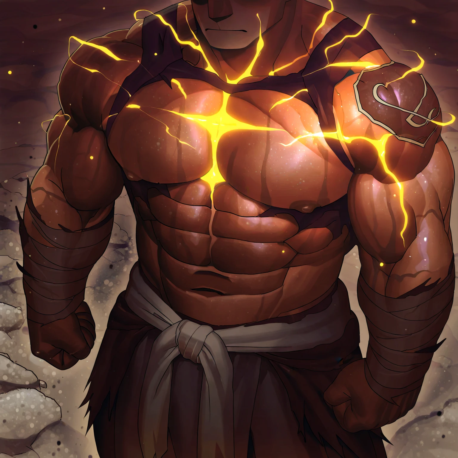 Broly is extremely handsome with deep red eyes standing straight in front of a dark neutral background. His short red and yellow hair is neatly cut, creating a perfect image for his angular face. With a confident and decisive attitude, he shines with golden light, making him truly majestic.