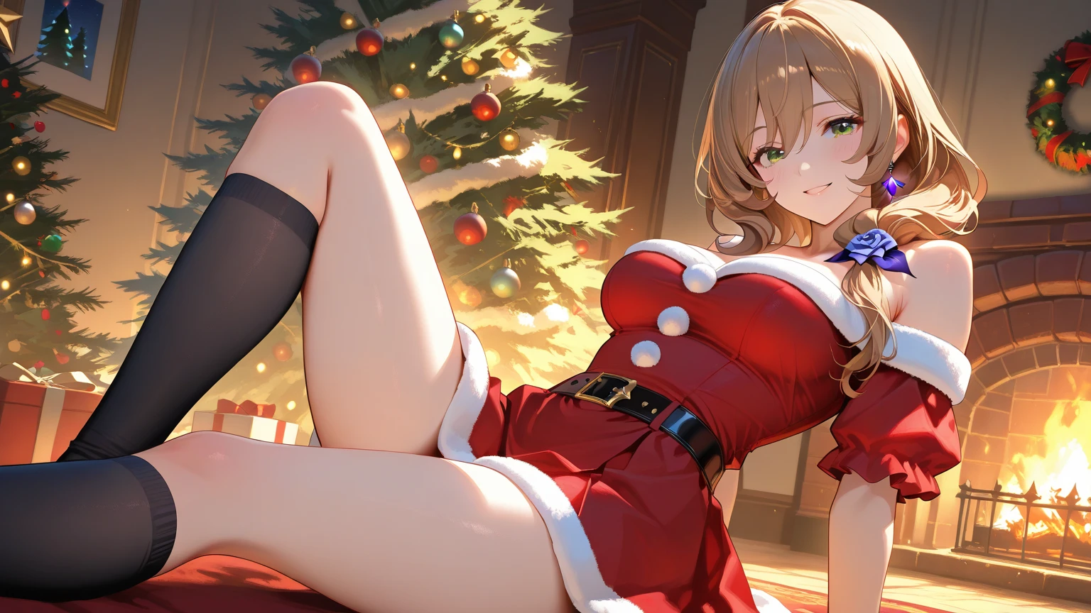 ((highest quality)), ((masterpiece)), (Detailed miniskirt Santa),Squeeze with your left hand、white panties、(white panties:1.3) perfect face、beautiful breastini skirt、Wear only miniskirt Santa dress、spread her legs、show white panties,sexy