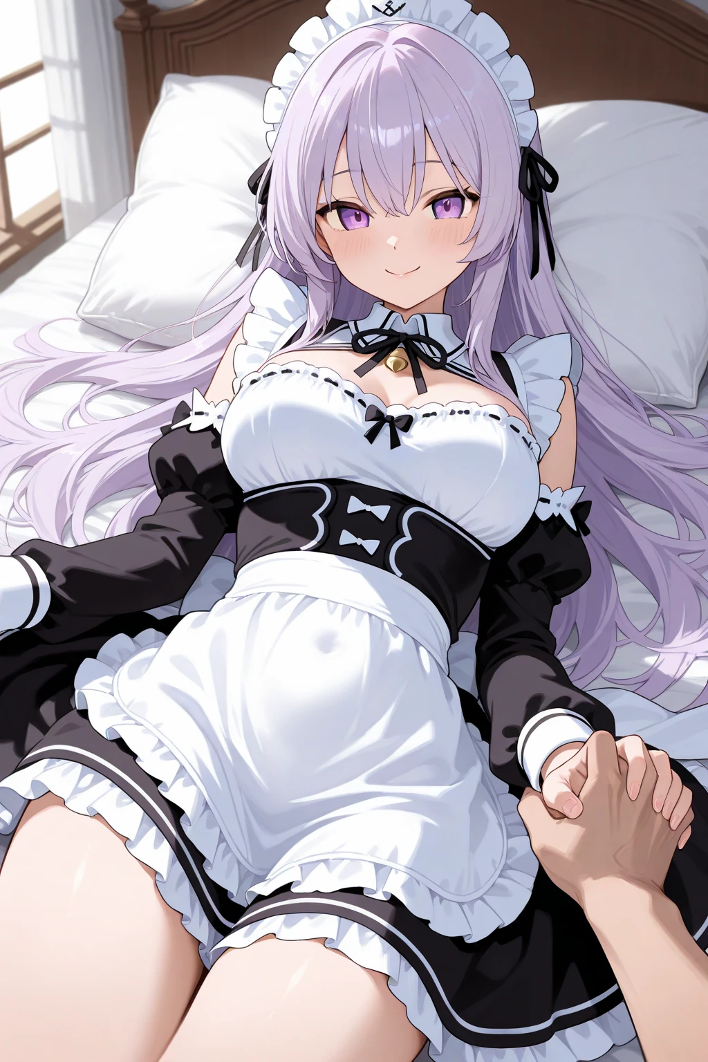 最high quality, high quality, 16K, Ultra-detailed details, pretty girl, alone, beautiful purple hair, Beautiful purple eyes, Big Breasts, A light smile, Summer clothes, Summer Maid clothes, I'm lifting my skirt, Blue and white color striped underwear(Bikini swimsuit under skirt), My crotch is wet with love juice, {{A succubus who steals the face skin and maid uniform from the girl she likes and plays pranks on her、好きな女の子のフリをしながらメイド服を着てます}}, Full body image, NSFW