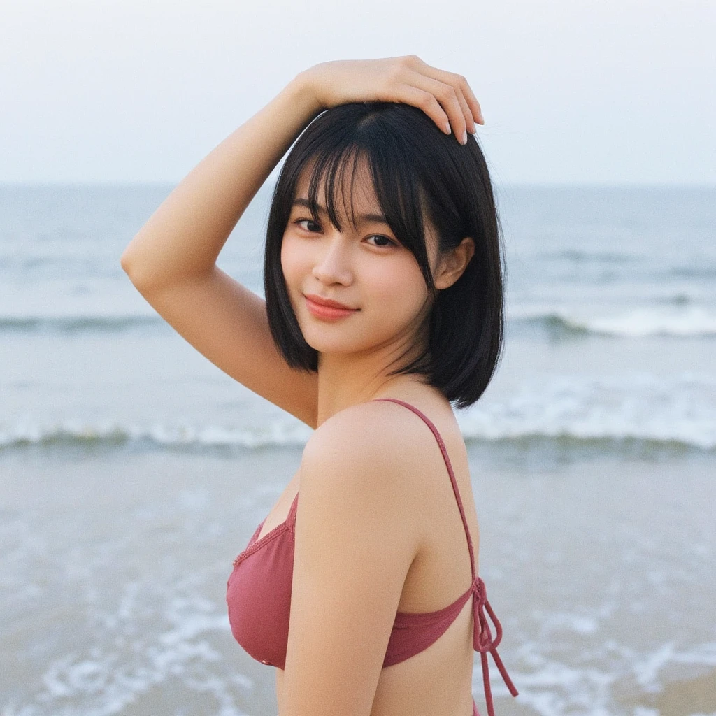 8K, (Ultra-realistic: 1.35), (Realistic: 1.4), 1 Korean beautiful girl, smile, one person, light makeup, masterpiece, 超high resolution, high resolution, one person, sexy underwear or micro bikini、 puberty, One person girl, ((perfect body)), ((best image quality)), ((Hola)), ((very delicate and beautiful)), ((very shallow depth of field)), nffsw, ((incredibly shallow depth of field. familiar)), (((very delicate and beautiful))), (((Very shallow depth of field))), nffsw, (((incredibly absurd))), (((perfect body))), (((looking at the camera)))), (((normal size breasts))), (((Serious face))), (((bob cut hair))), myself+background, dynamic angle, female focus, {particles of light}、 Detailed background、((paul hedley))、soft lighting、(dramatic)sunset、sunset、Very beautiful sunset、live-action、real、top angle、cute smile、(Background blur)、18-year-old、Are thin、((Wind))、((movement))、((emotion))、((colorful))、((baby face))、((Beautiful teeth))、Calm sea background。