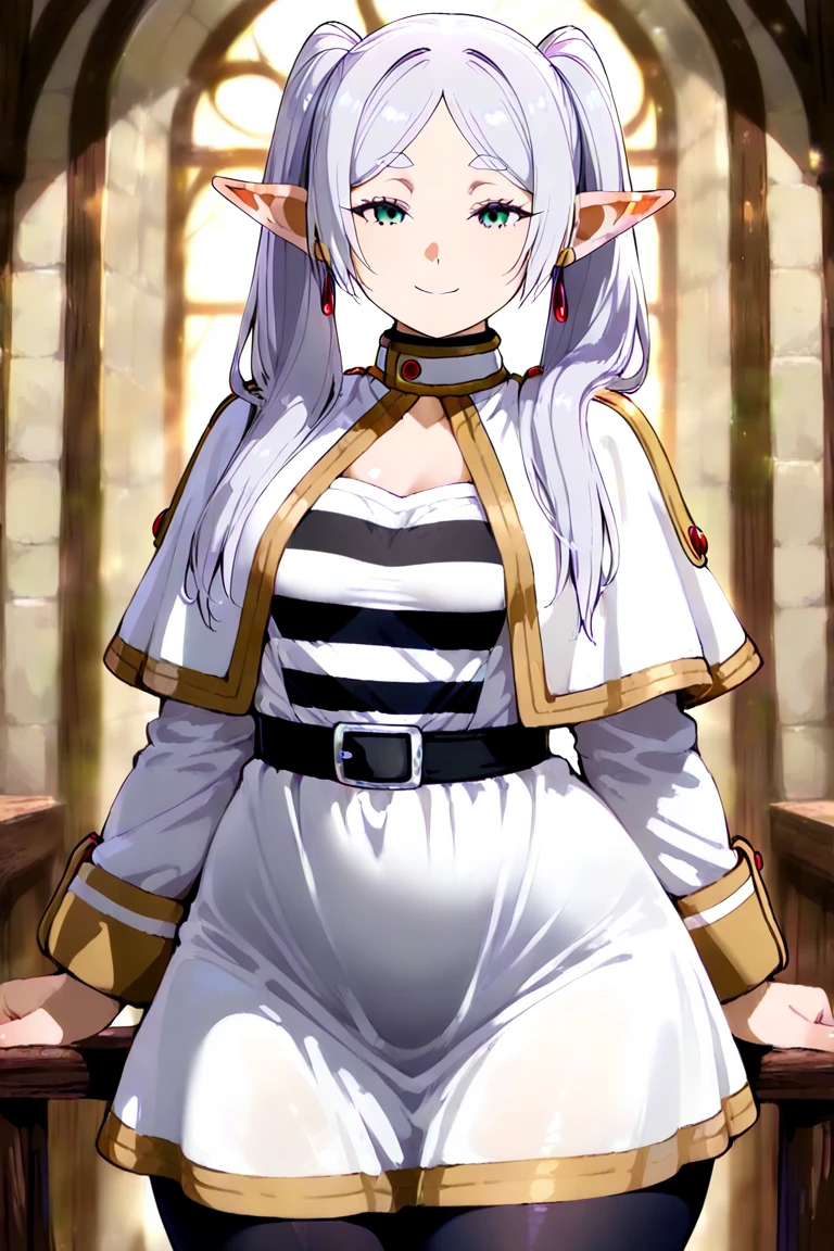 (Highest quality, masterpiece),sexy, erotic, One Girl, 18-year-old, Contempt, pride, Long silver hair, ((Green Eyes)), View your audience, View your audience, Warm Light, ((White Dress)), ((Are standing)), (Small breasts),(((Skirt flip, Panties and pantyhose are visible))), Two ponytails,upskirt