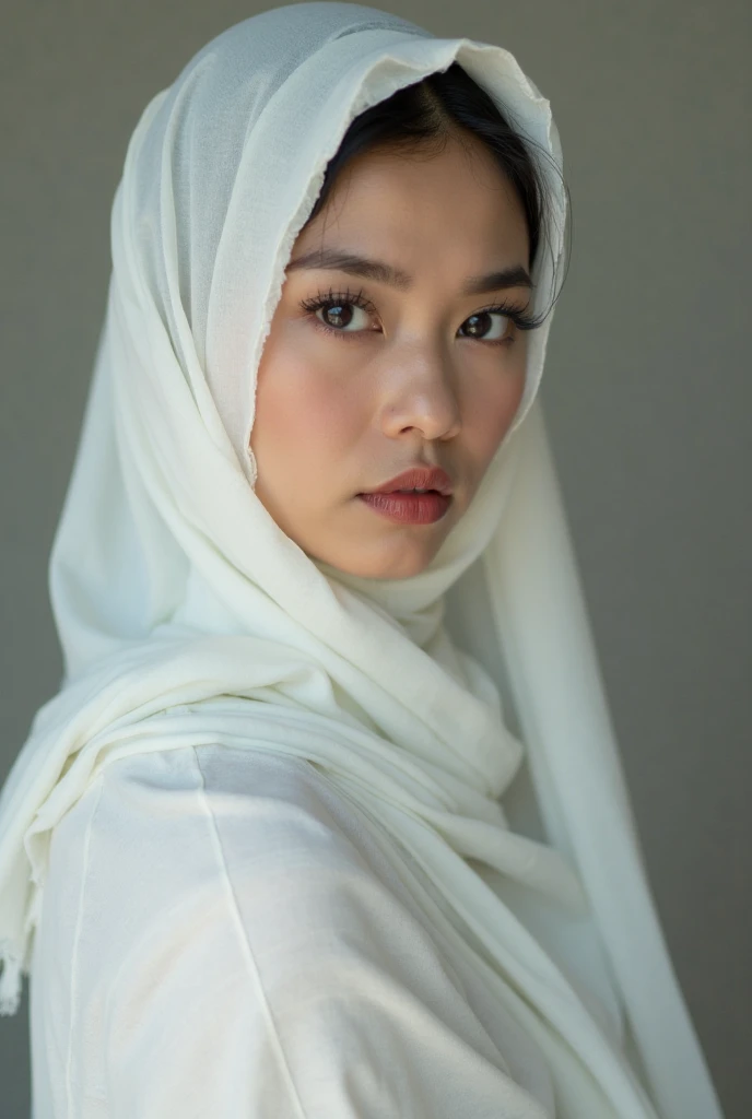 30 year old, malay women, ( Dead Rank 1.3), wearing white suit, wearing hijab scarf,  polite girl, cinematic scene, masterpiece, 4k HD, 8k hd