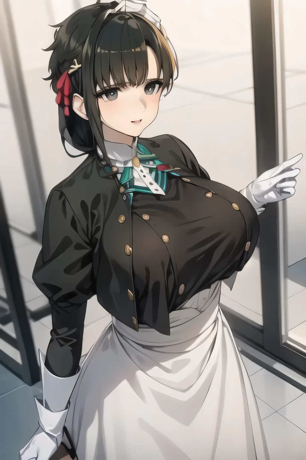 1girl in, masutepiece, Best Quality, Medium full shot, Beautiful, (Naked:1.1), ((napkin)), busty, Brown ponytail, thick thighs, Standing, kitchin, Smiling