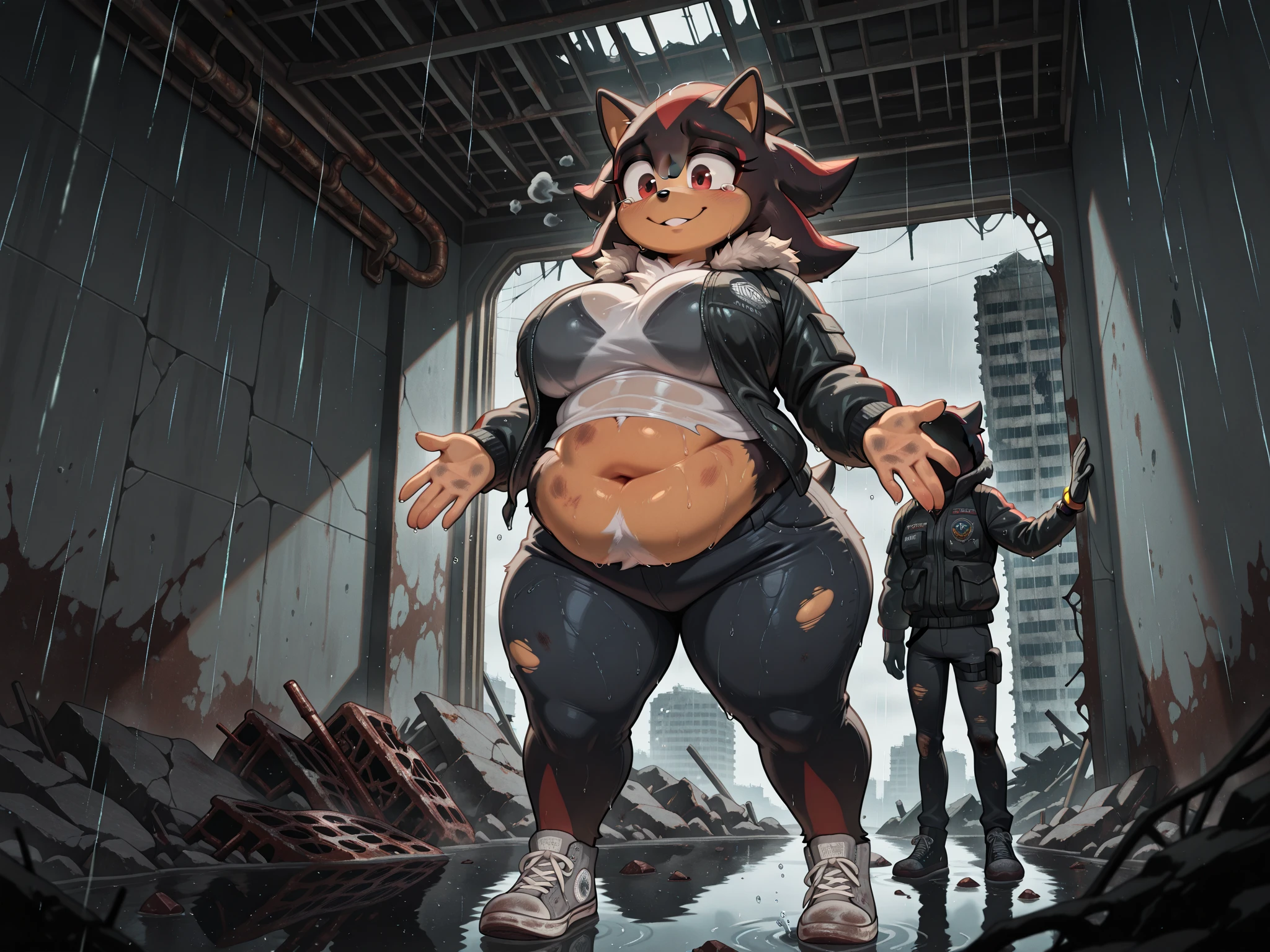 uploaded to e621.net, masterpiece, 8k, realistic textures, realistic lighting, highly detailed, by darkgem, by meesh, female, ferret, 1girl, solo, standing, slim, bare midriff, (large breasts), nipple outline, brown eyes, highly detailed eyes, dark hair, long hair, topknot, buff, muscular, butch, heavyset, bulky, heavy, thick, chubby, bodybuilder, garage, workshop, car in background, indoors, (big bottom lip), black lip gloss, standing upright, smiling, tied flannel shirt, cleavage, ripped jeans, (wide hips:1.4), (muscular thighs:1.3), (combat boots:1.3), (full body:1.3), standing on carpet, carpeted room, looking at viewer,
