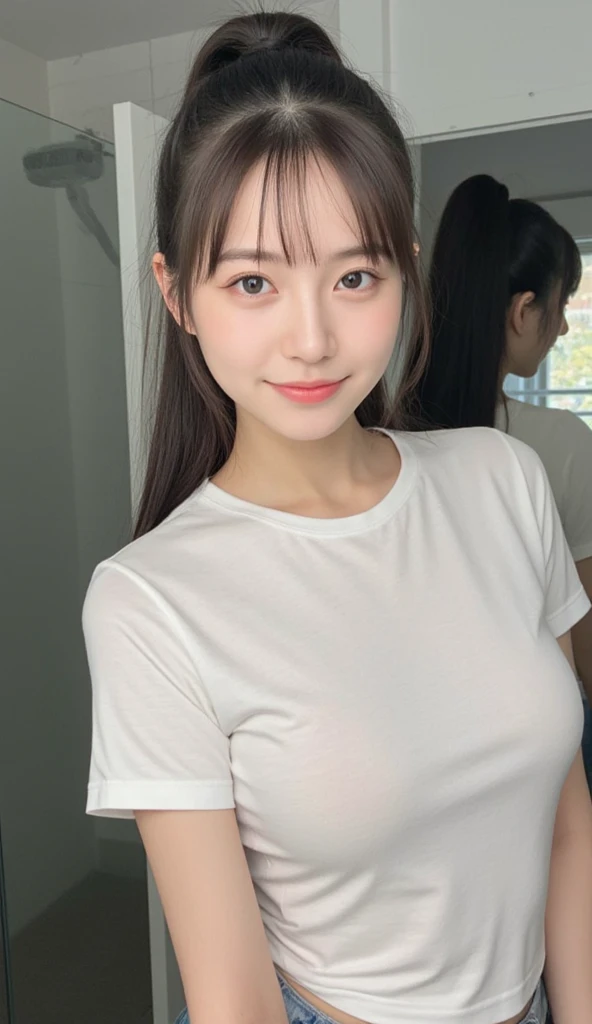 16 years old,high school student,White T-shirt,Culottes,Black Hair,bangs,ponytail,Straight hair,Dark Eyes,thin足,slender,Small face,Young Face,Clean your eyes,Small Mouth,thin,Young Face,Small breasts,Small breasts,Small breasts,Small breasts,Realistic photos,4K,Mouth slightly open,Ultra HD,whole body,Pure girl,whole body,,smile,8 heads,Low - Angle,living room,
