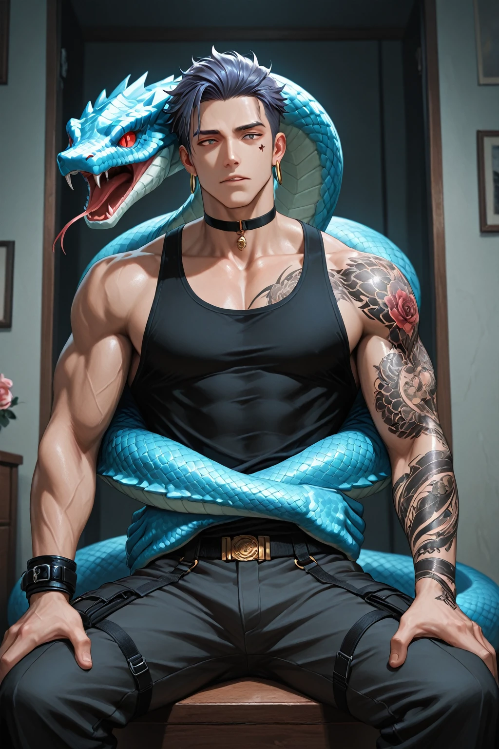 colorful,highest detailed, Young Male with dark brown short hair, light blue eyes, handsome, casual clothes, beautiful serious eyes, gangster, slicked back hairstyle, with toned muscle, and snake tatoo covering his right arm,