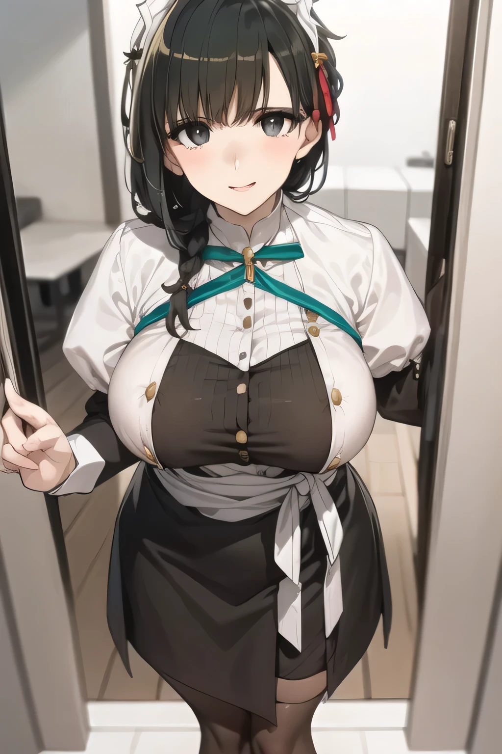 Can you draw a woman smiling according to her gaze,Maid Outfitを着た女性を描けますか,Women with Lovely Smiles,Maid Outfit,I am alone,Building Interior,Can you draw a person standing at the front door, white and black uniform,Adorable Smiling Woman , Black Haired Woman,Please draw more delicately,, Maid Outfit ,,high heels,,表情を最優先するのでFaces are very importantトリミングしないでください,,, , big boobs, thin waist , , ,Faces are very important,