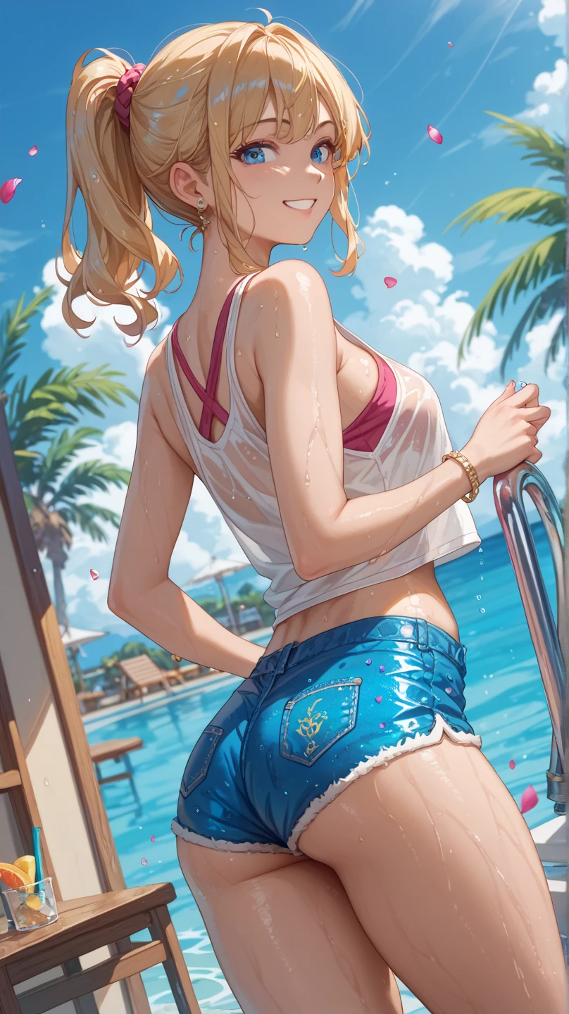 ((Highest quality、、masterpiece:1.3)), Upper Body、Long legs、Sharp focus:1.2, Beautiful woman with perfect figure:1.4、(Smiling:1.2), double eyelid、30-year-old female、Sexy pose、((((Close your mouth、One Woman、bikini,sea,beach,sea side))))、(((((Hands on the side of the body)))))