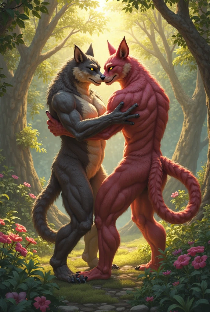 hermaphrodite tiger showing its two types of dragonborn genitals with a suggestive smile