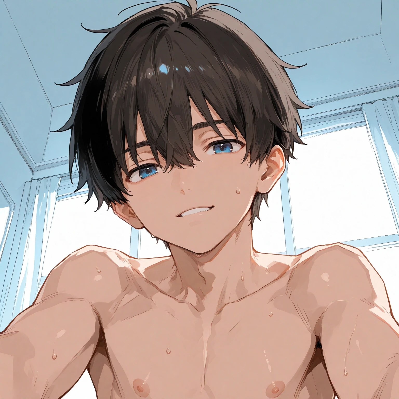 masterpiece, best quality, high quality,  1boy,8yo, boy focus, full body, looking at viewer, brown hair,spiky hairstyle, short hair, steam smork, japan style,  anime coloring, cry, home muji style, detailed face, topless, white towel on waist,finely eye and detailed face,bulge