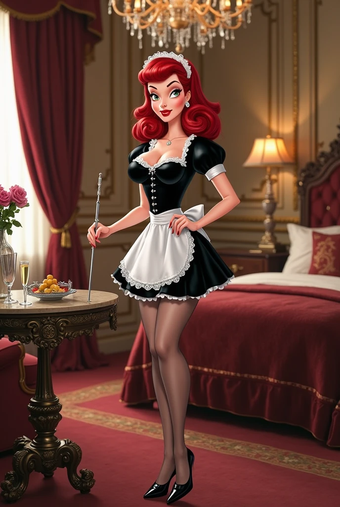 A pretty maid. best quality, masterpiece, red hair, sky blue eyes, wearing a steriotypical French maid outfit, (headdress、white blouse、black ribbon、White Apron、ruffle skirt、puff sleeves、collar、choker、apron with fine ruffles：1.3)、black maid costume). looking up, upper body,hair strand,Fair skin, Large chest,. Adorable, mature Woman,detailed big-eyed woman, round face. promenent red lips,In the mansion library, large ass, Picture from the side,looking at the scenes, intense colors, Very valuable details, complex details, volumetric lighting, digital art, 8k, trending on Artstation, Clear focus, complex details, highly detail, Greg Rutkowski Big Eyes, high-resolution, red hair. Ellie Bamber., attractive chest, .Photorealistic. Confidence, self esteem, assertiveness, dominance. wide Amused smile. Sultry expression. , Cleavage. Perky bosum.Knees clenched together, Tense posture, bites his lower lip, anatomically correct, Realistic, side-view,(((,barefoot))), 5 toes, black toe nails, Focus full body, tied ankles together, tied arms to back, solo, on dungeon, sit on a chair

