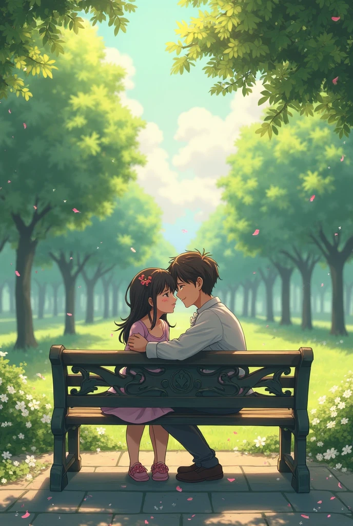 Create me an image of a couple sitting on a bench while looking at each other anime style.