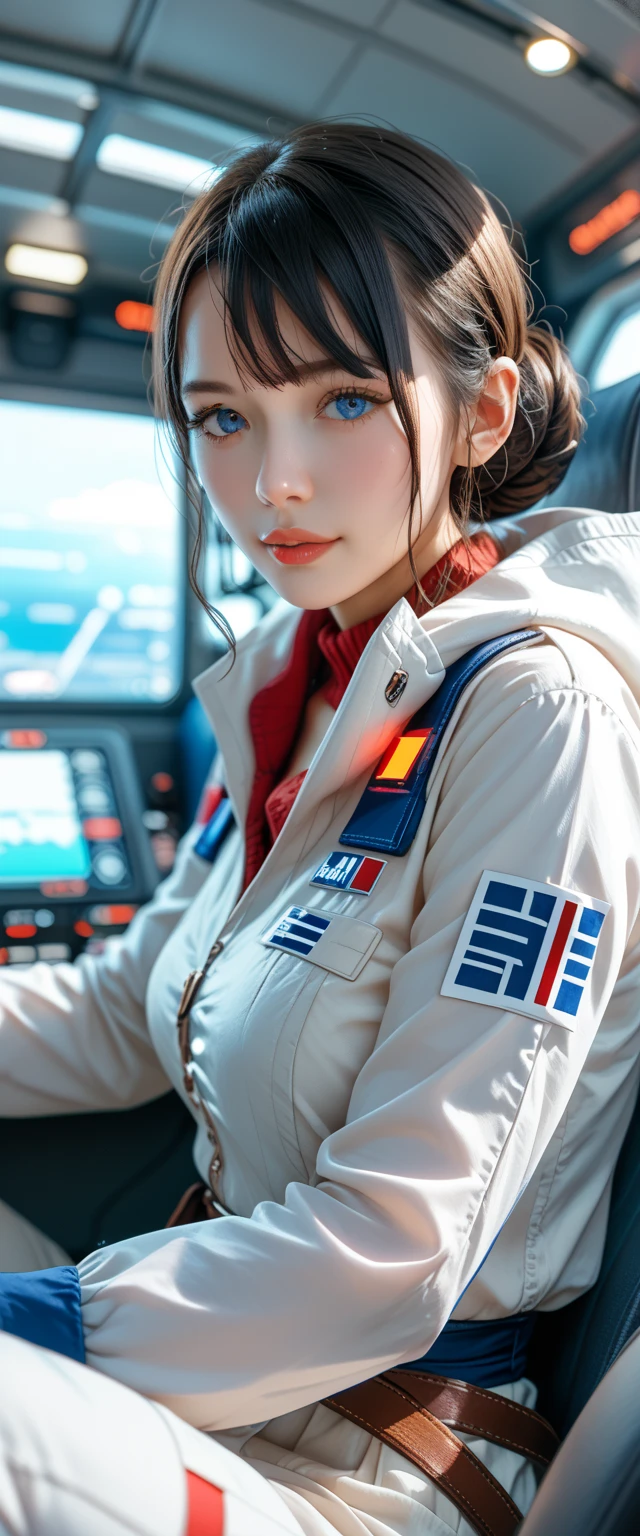 Highest quality、masterpiece、Ultra-high resolution、(Genuine:1.4)、Beautiful woman１、Beautiful details in the eyes and skin、smile、Light brown short hair、The perfect space suit、Grey Sky、Snow Planet、