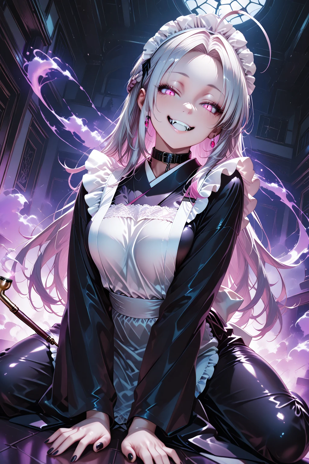 Perfect face. Perfect hands. A young silver haired woman with purple eyes and silver cat ears and a silver cat tail in a Lolita maids outfit is serving dinner in a fancy maid cafe with a big smile