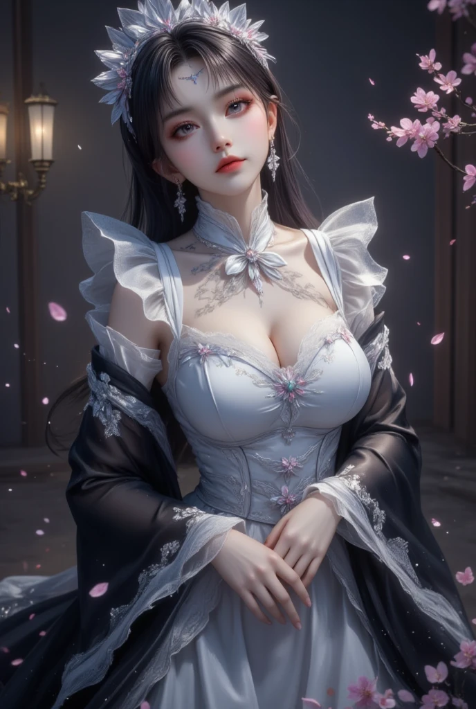 yingtze(quality improvement:1.4),1girl, Visible cleavage,Sexy long legs,The skirt is short,She gently lifted her skirt with one hand,Surrounded by white Phalaenopsis orchids,Lilac dendrobium、White Lily, Flying petals,(Top quality leather), Delicate face,Black Hair, Gradient hair, Body,(Body1.1), He has a precious gem on his forehead.., Frameless glasses, Shining Student,Long eyelashes,Smile, Surrealism, Movie Lighting, Projection Insertion, Surrealism, Ultra HD, masterpiece,lie,Keep dreaming,Open your legs slightly.,Tattoo,Fantasy Space,Luxurious space,Exquisite makeup,Blush,Shy expression
