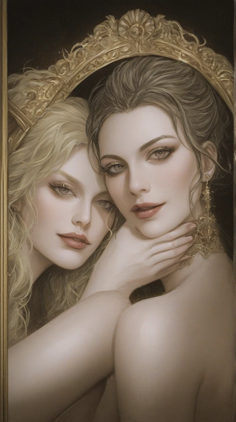 "Intimate, intricate scene of three girls touching each other,having fun, inspired by the angelic AI mysticism. Style references include Alex Grey and Brian Froud."