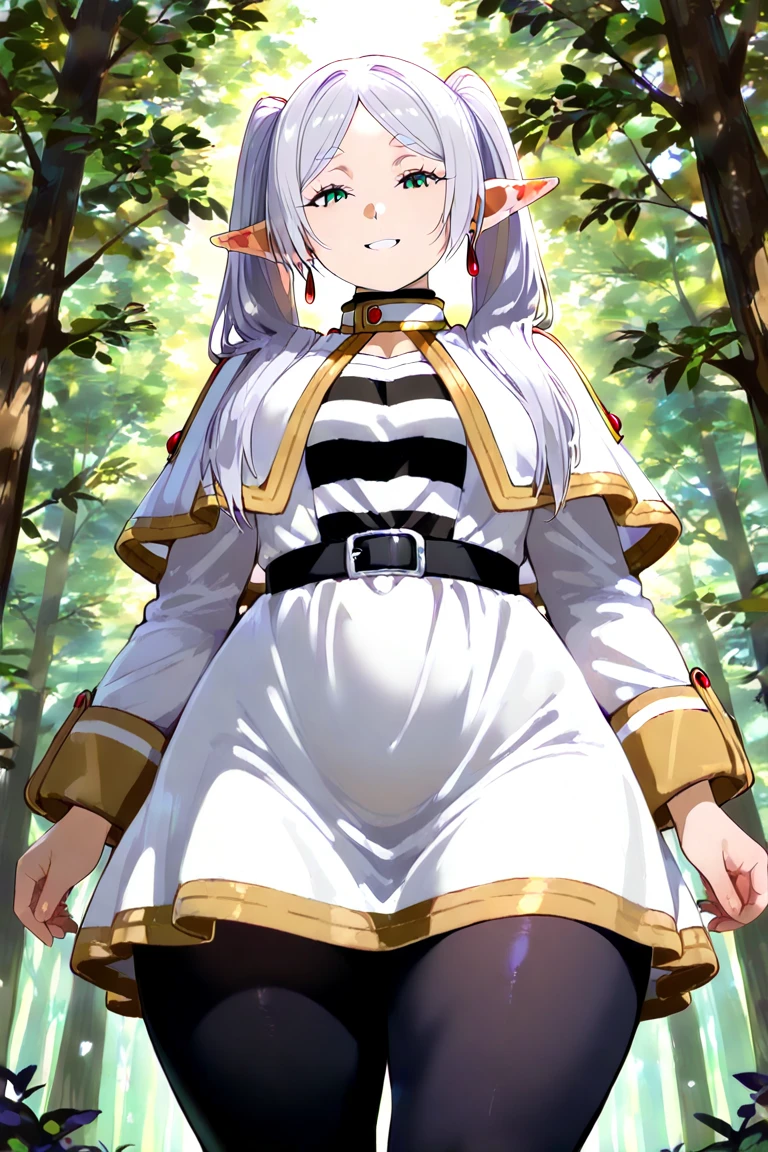 shirogane noel,1girl,solo,shirogane noel costumes,gigantic huge breasts,looking at viewer,near,worried-looking,Bending forward posture,Taken from the front,in the forest